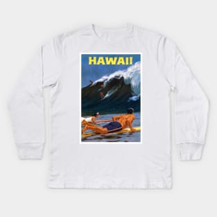 Vintage Travel Poster Hawaii Surfer Kids Long Sleeve T-Shirt